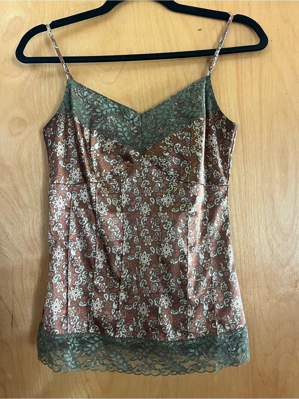 Fossil Lace Trim Floral Satin adjustable strap Cami - Brown